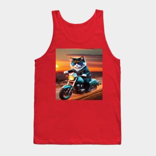 Cat with glasses riding a motorbike sunset Tank Top